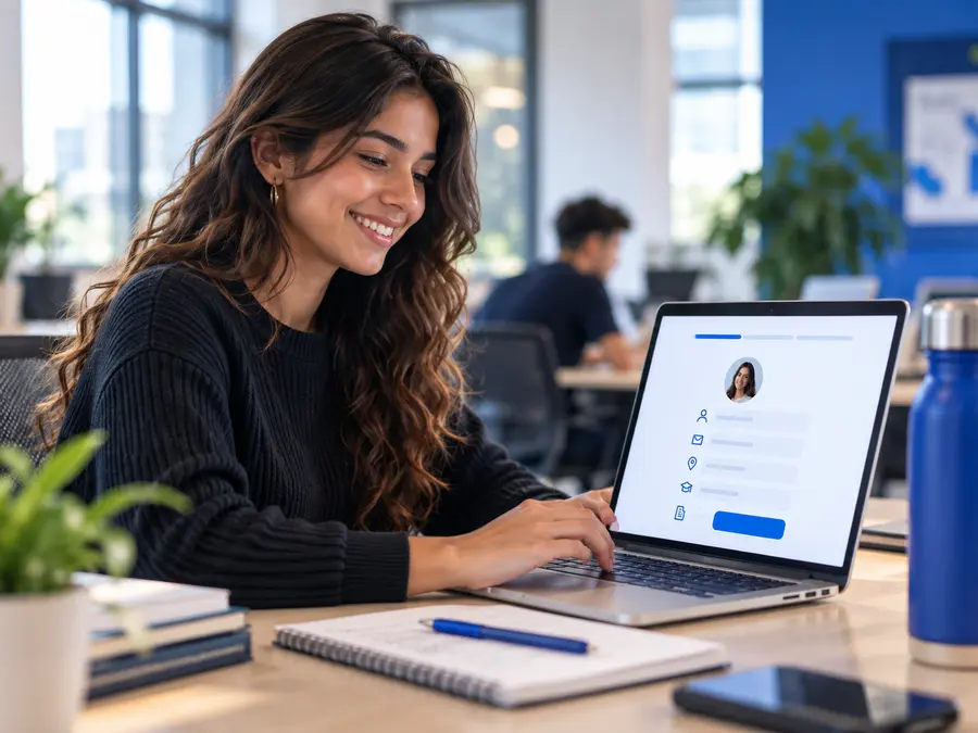 Estudante preenchendo o perfil no notebook